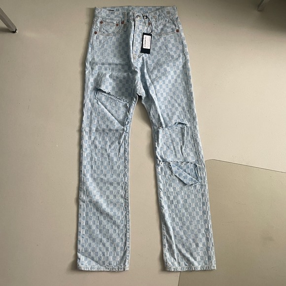 R 13 Denim High Waisted Straight Leg Distressed Jeans Light Blue 24 - Picture 3 of 9